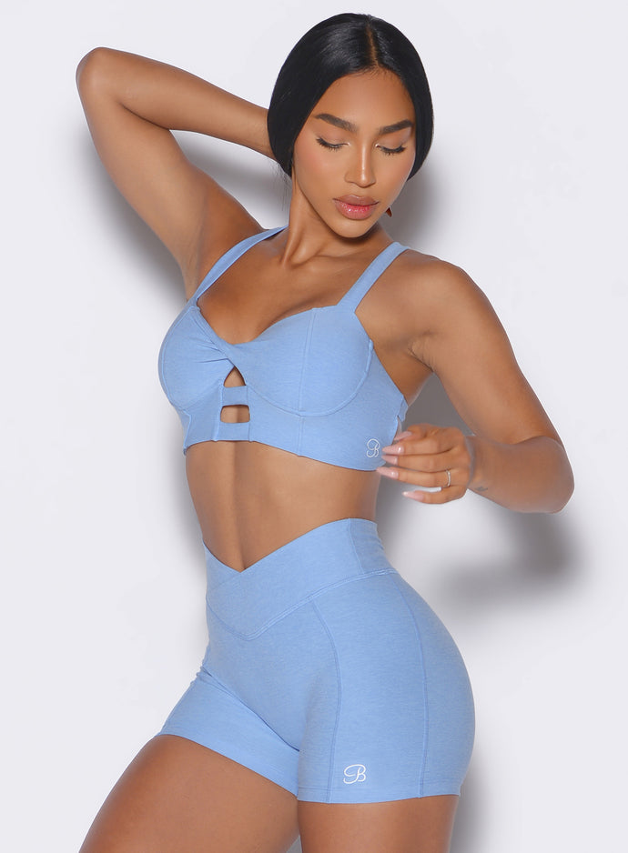 Bright Hydrangea Core Set Bra featuring front keyhole and push-up cups for gym performance.