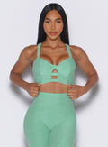 Seamless Sage Core Set Bra with a supportive scoop neck for high-impact sculpting gym performance.