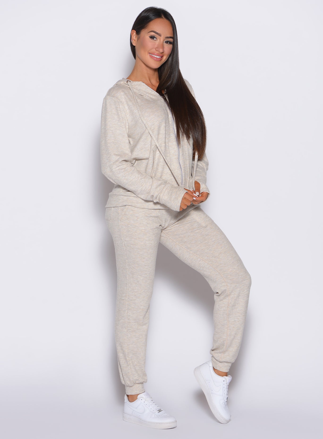 Cozy Oat Cuddle Up Joggers with a tapered fit and drawstring waist for chic lounging.