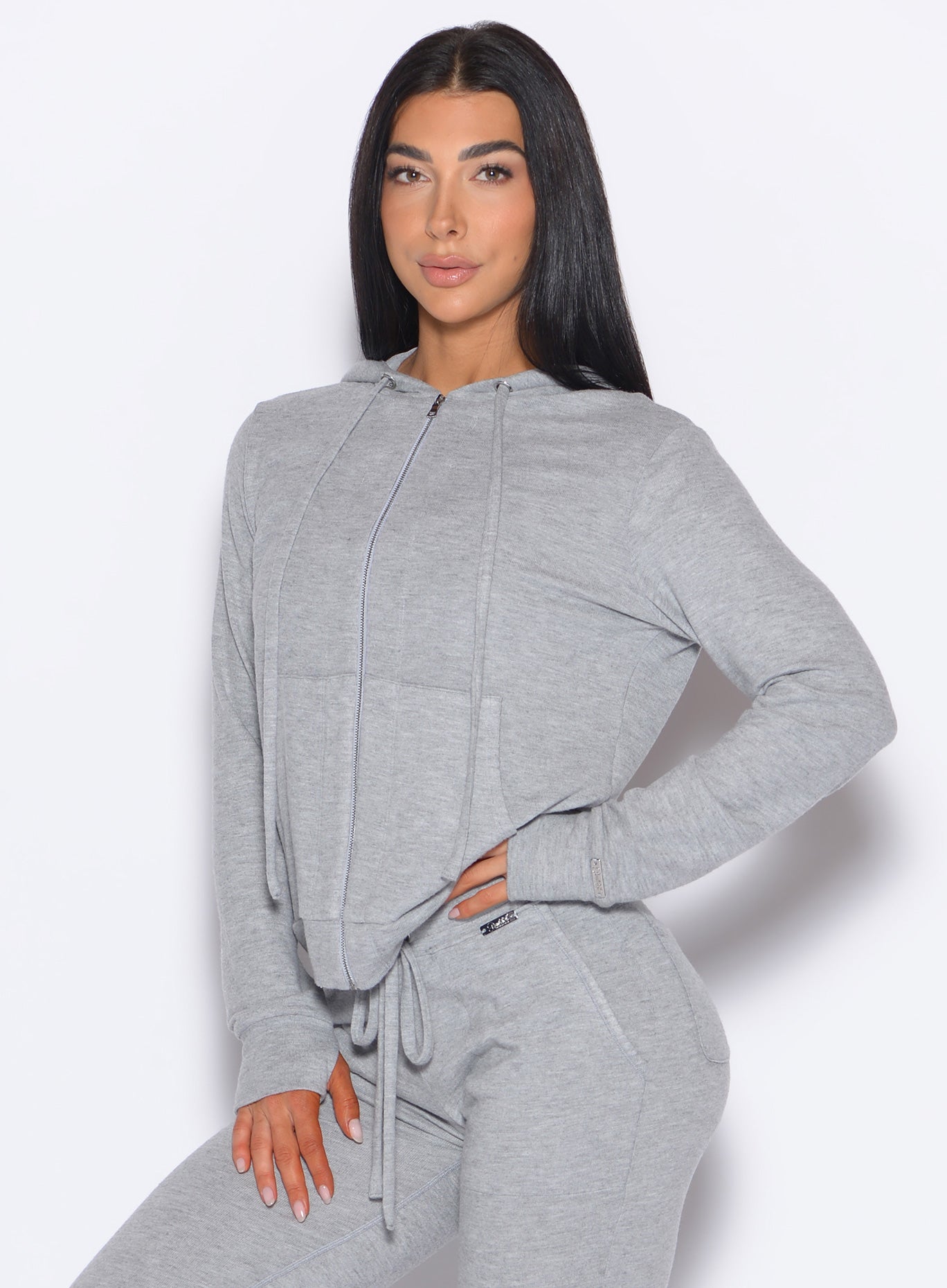 Cozy Silver Gym Crush Hoodie featuring a loose fit, full front zip, and thumbholes for lounging.