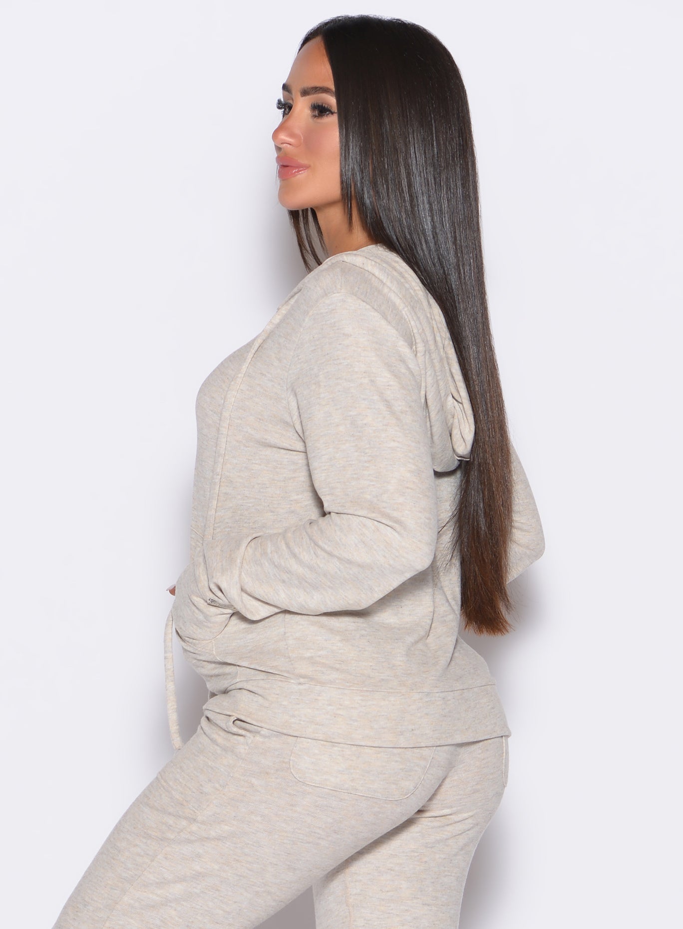 Cozy Oat Gym Crush Hoodie with full zip, thumbholes, and loose fit for ultimate lounging.