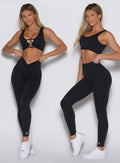 front profile view of a model wearing the Trailblaze Sports bra and the Dualmode bra side by side with our Curvemax Leggings in Black color