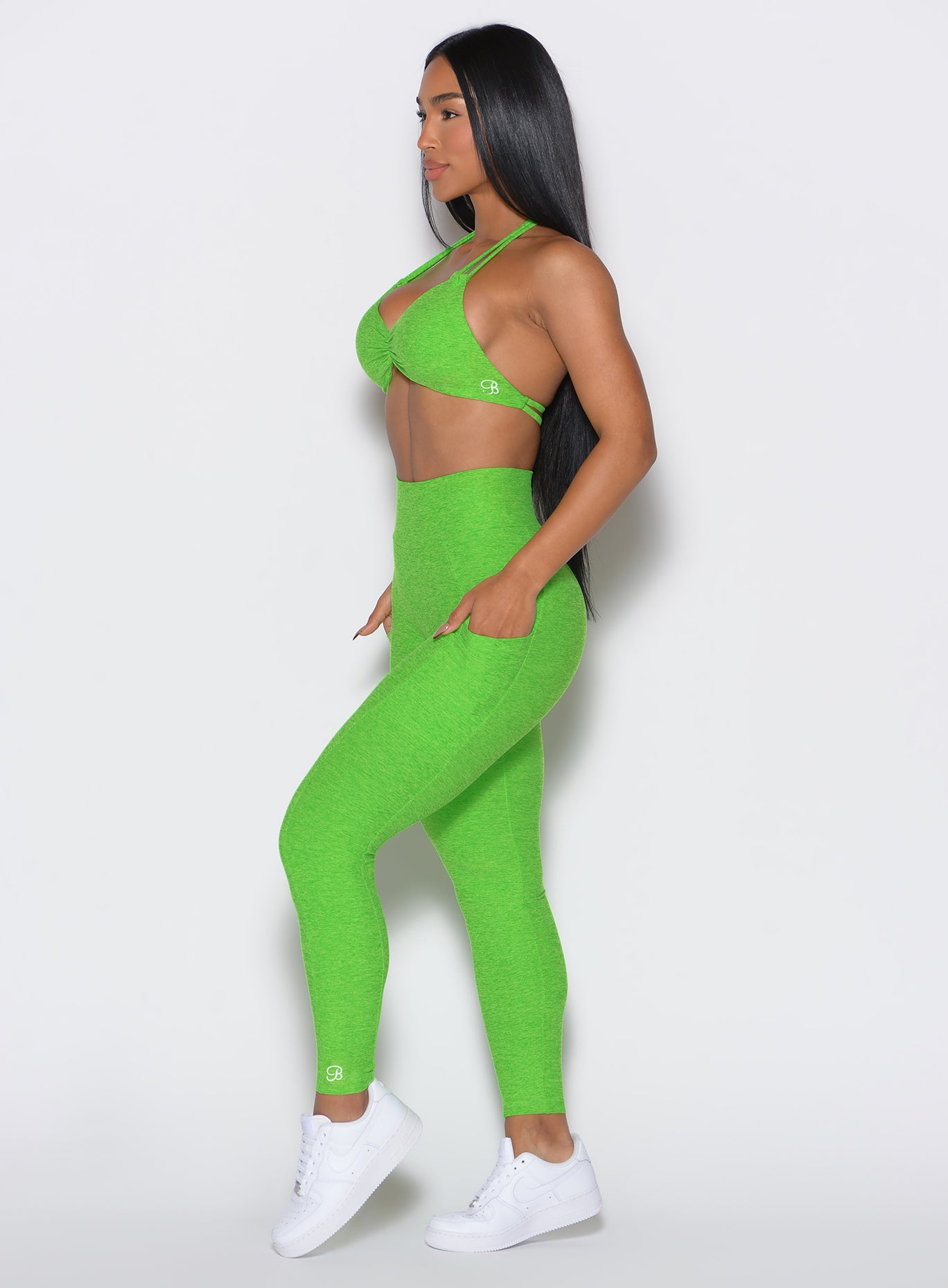 Neon Lime Green Curves Leggings with high-waist side pockets and sculpting scrunch booty.