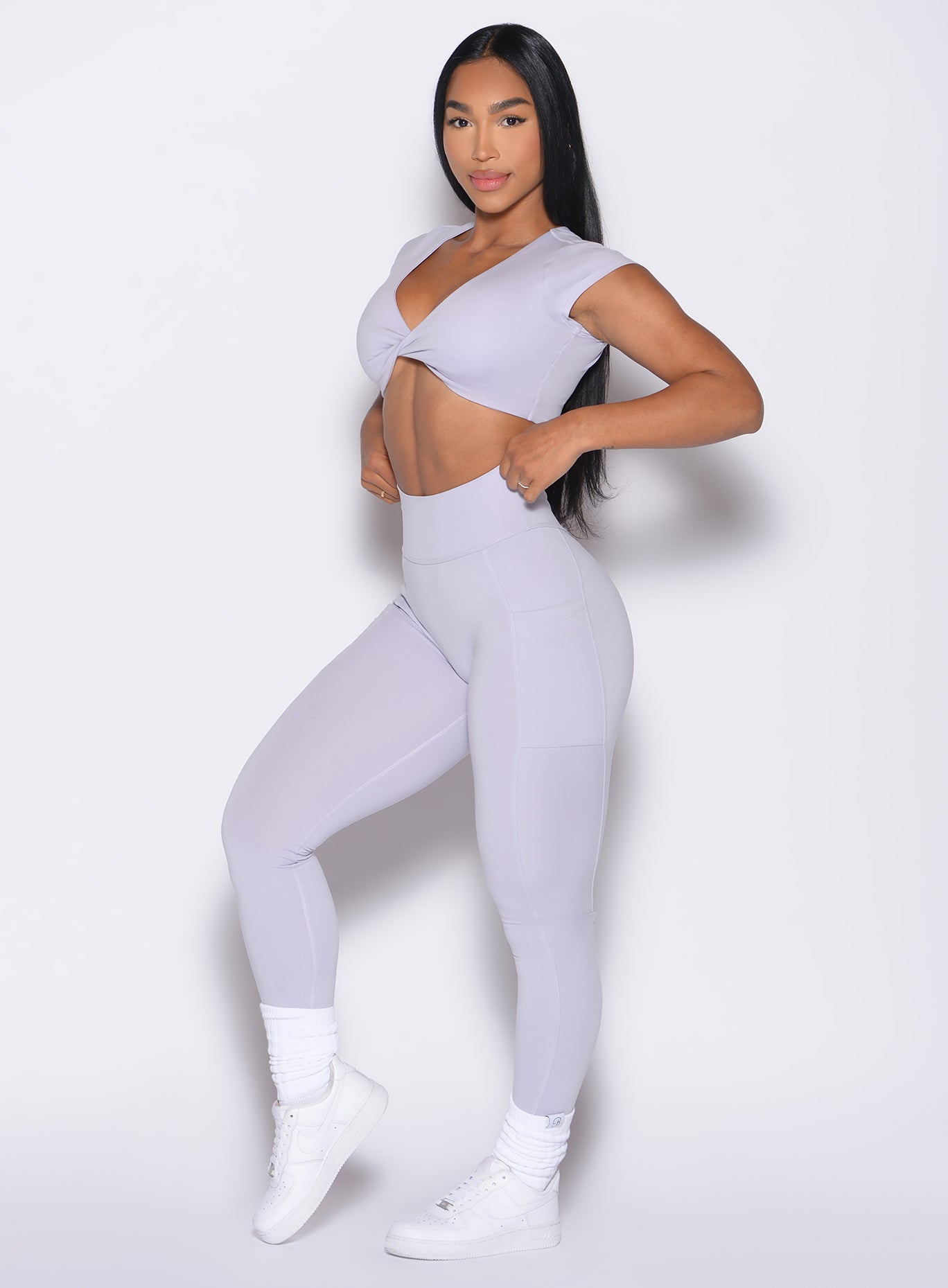 Galactic Lilac Define Leggings with high-waisted support and side pockets for peak gym performance.