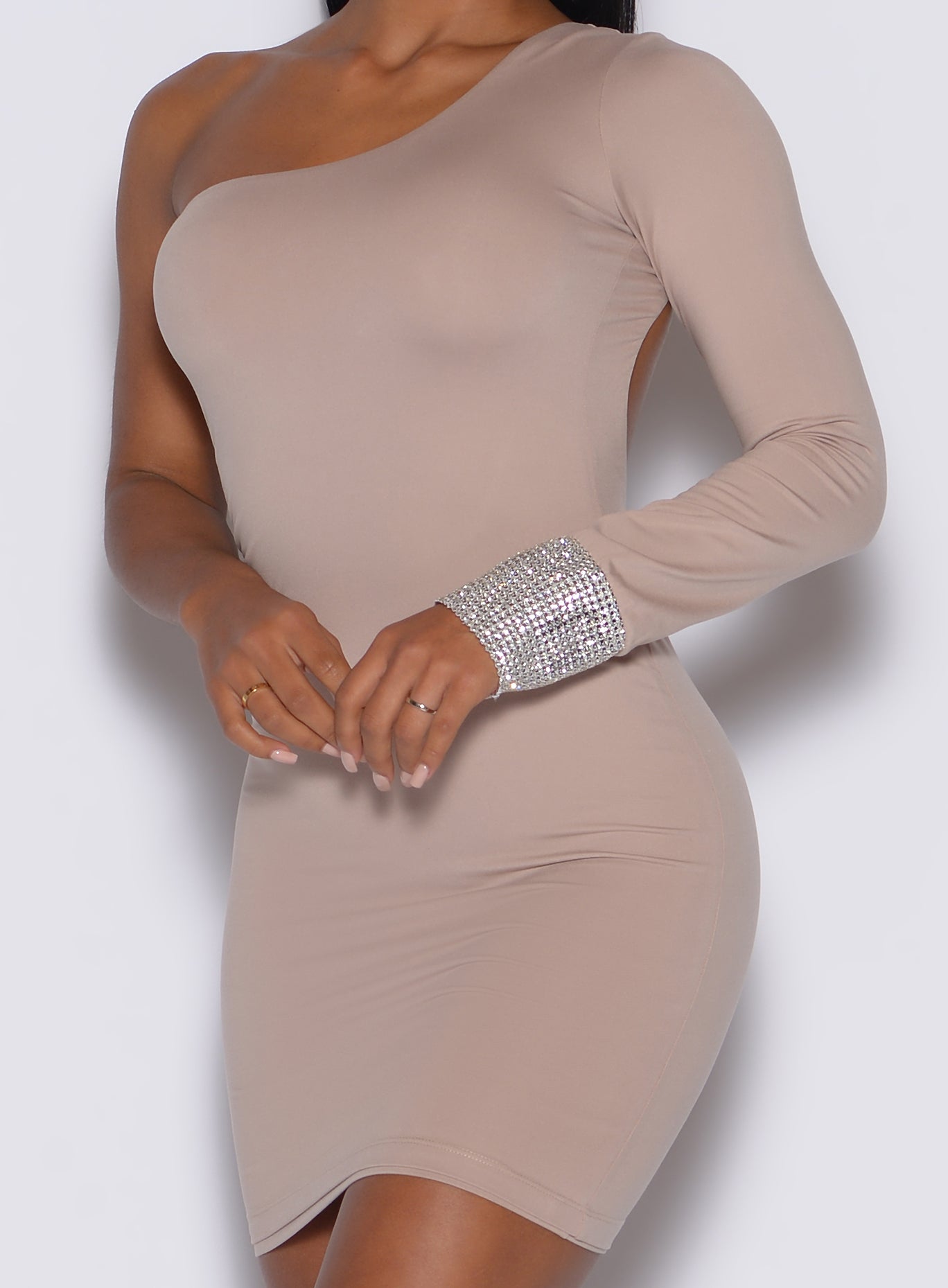 Zoomed in front view of our diamond dress in camel color