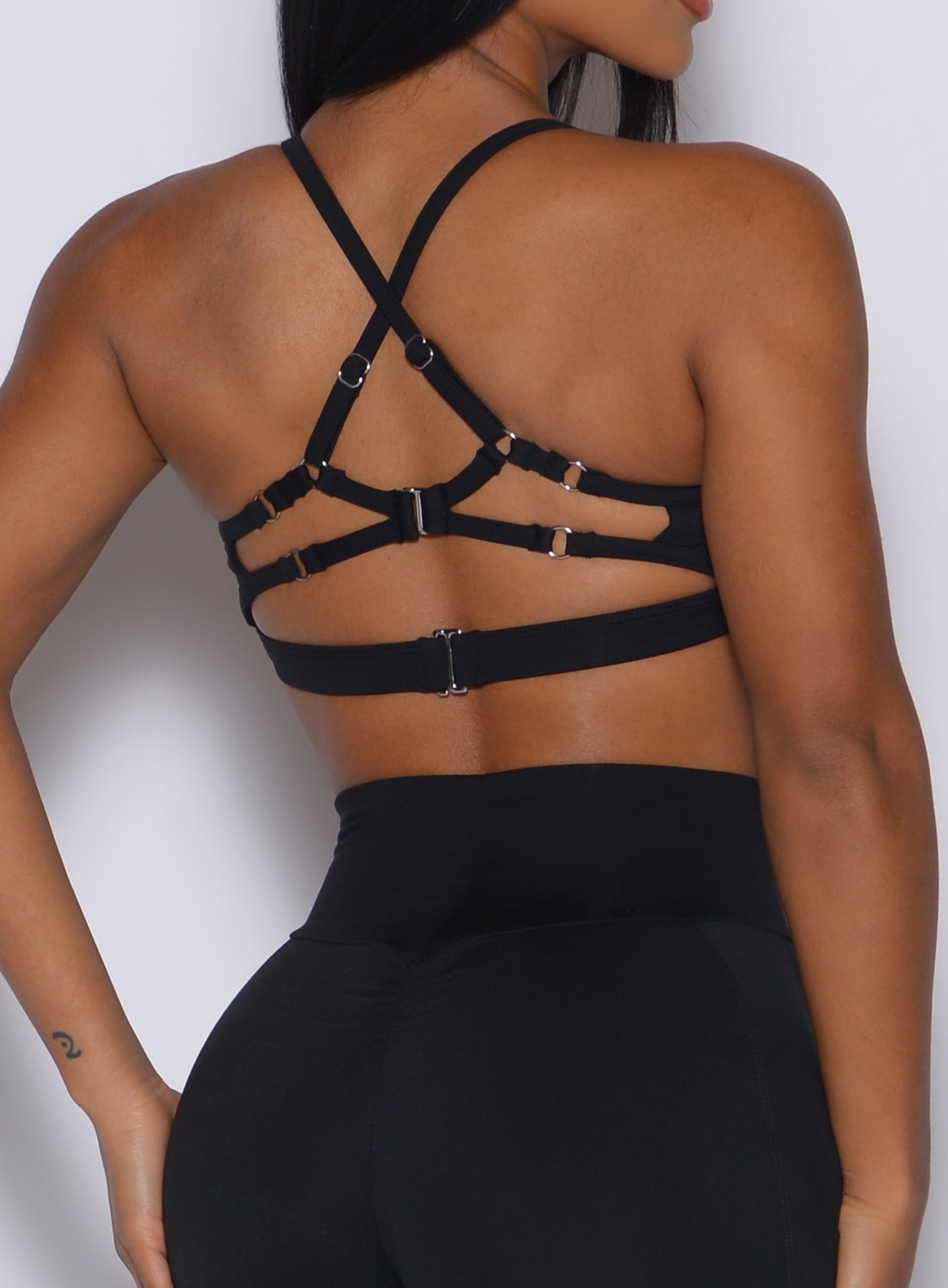 Zoomed in back view of our black diamond sports bra 
