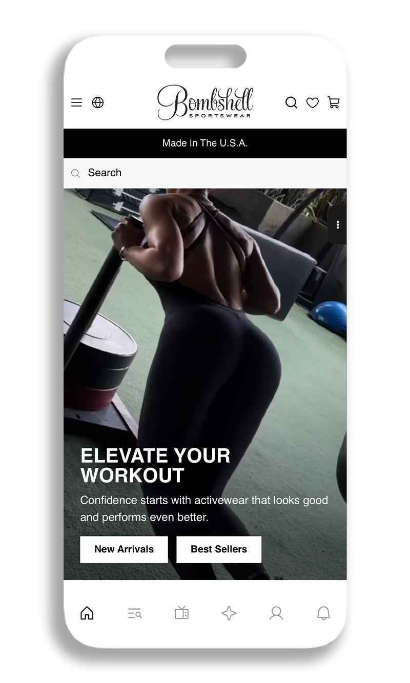 Smartphone displaying bombshell sportswear brand's mobile app home page with a person lifting weights.