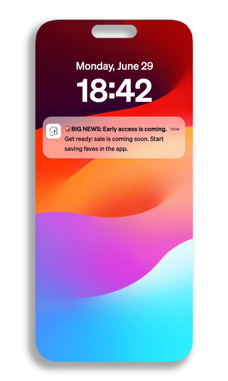 Colorful phone case with a digital display showing date and time, and promotional text about early access to sales in app only