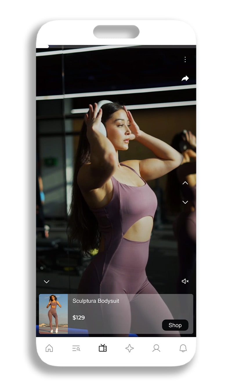 Smartphone displaying a woman in a purple bodysuit with product details on a white background