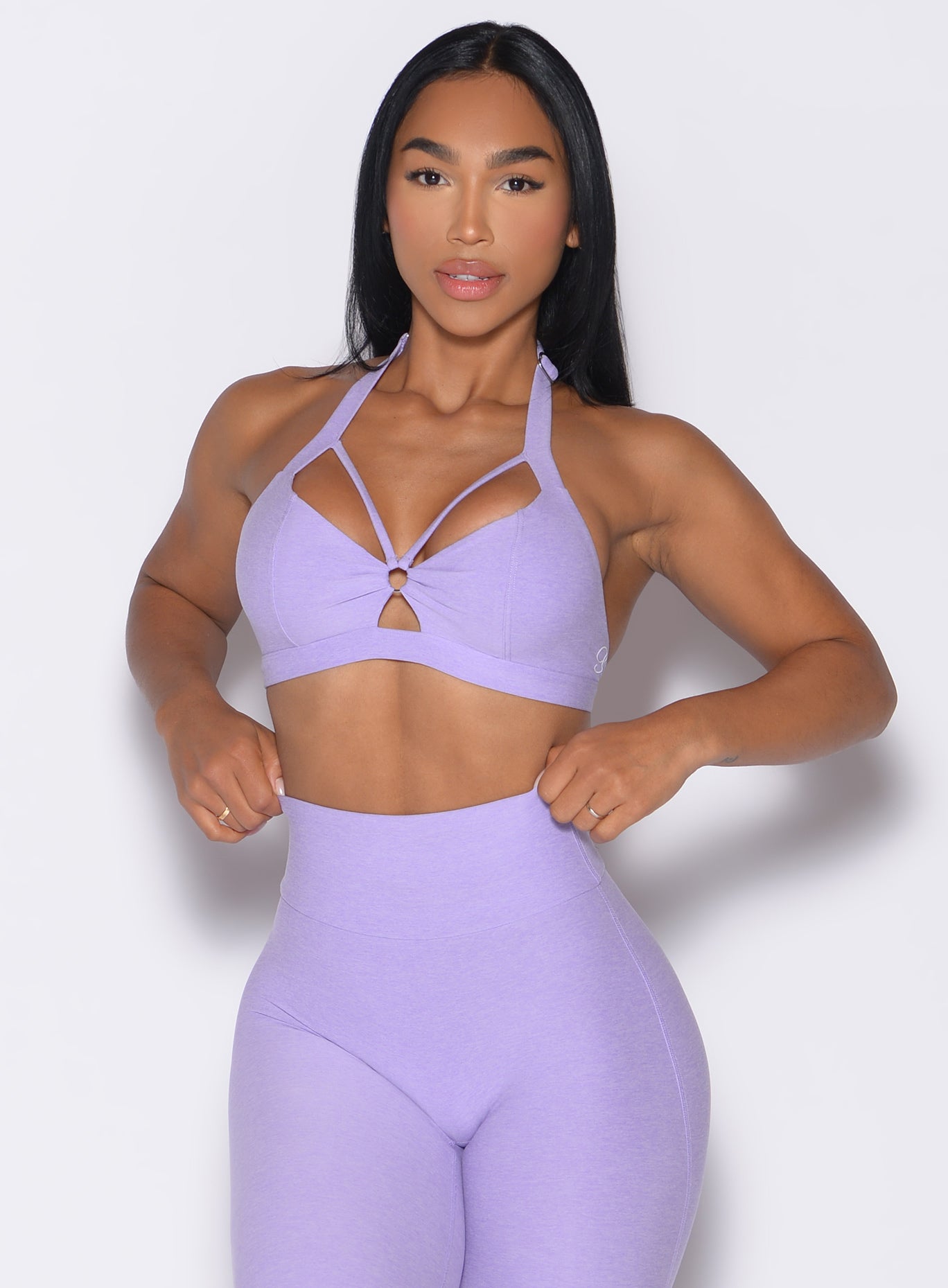 Sugared Lilac Iron Edge Bra with front keyhole cutout and nickel hardware for elite gym support.