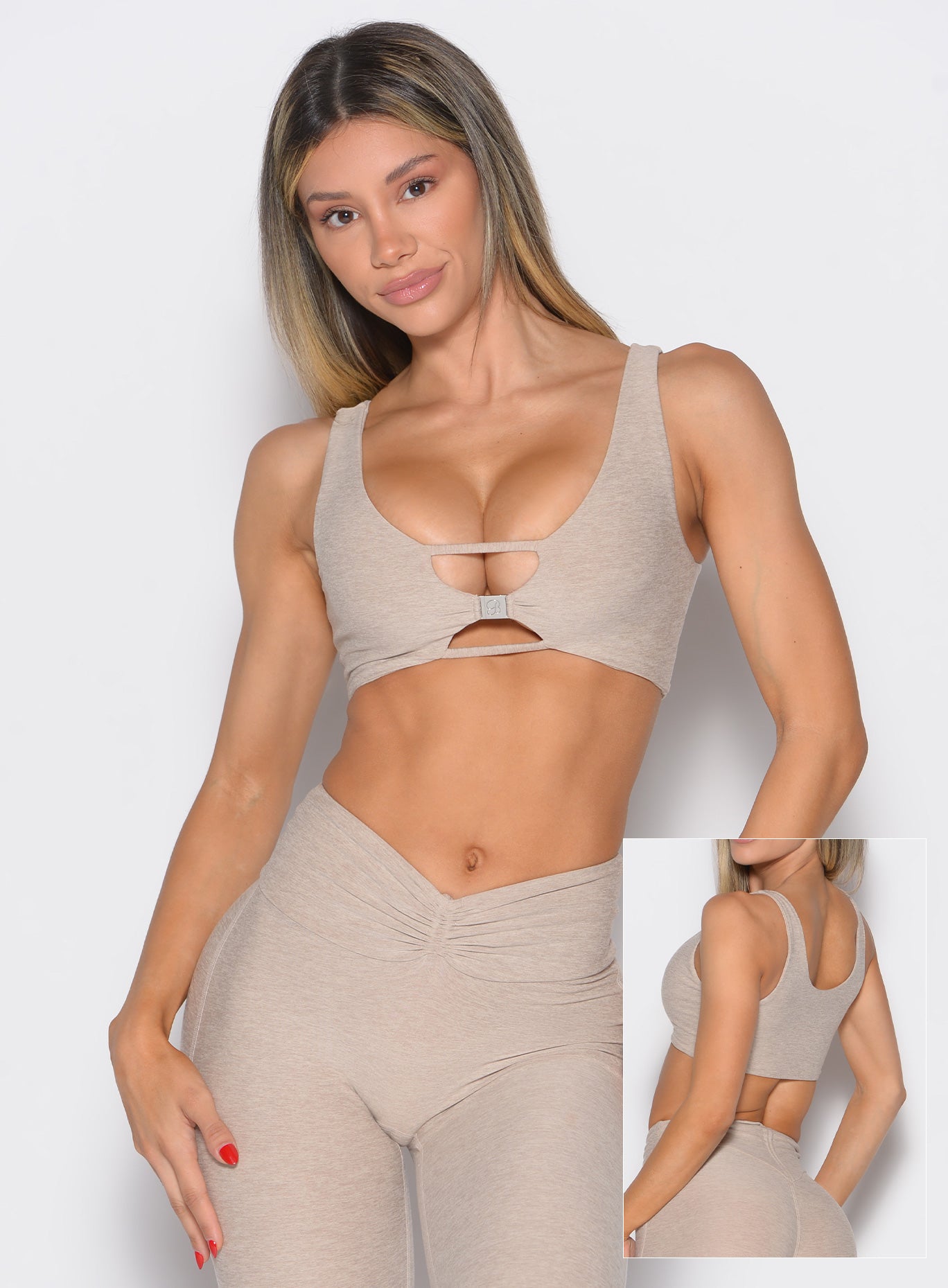 Versatile taupe Dualmode Bra with a reversible 2-in-1 design for custom gym style and support.