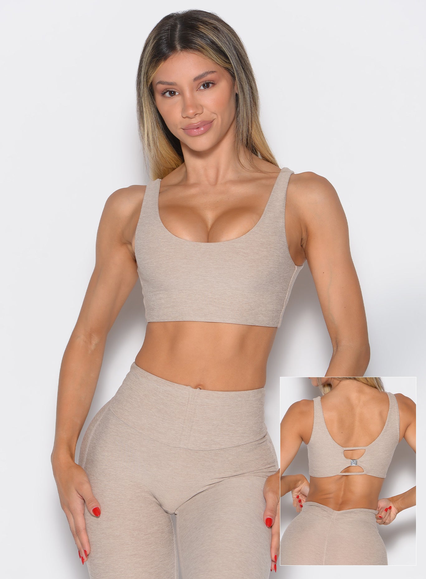 Reversible Taupe Dualmode Bra featuring an open-cut front and push-up fit for a high-performance gym look.
