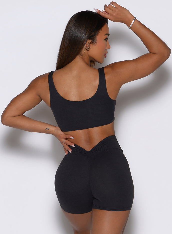 Sleek, heathered Obsidian Black DualMode Bra offering smooth back support for training or lounging