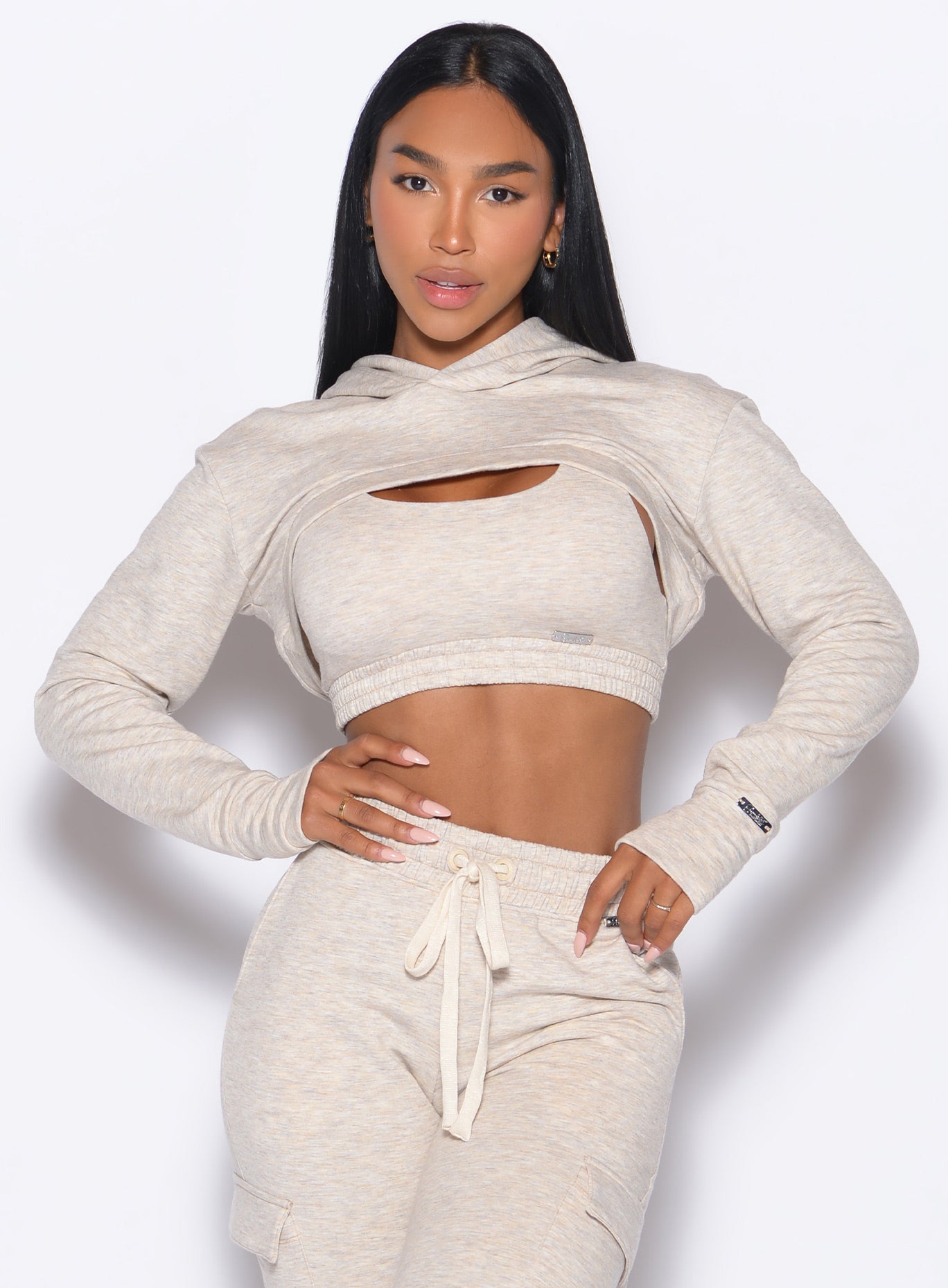 Heathered Oatmeal Sweat Bolero Hoodie in plush fleece with thumbholes for cozy lounge layers.