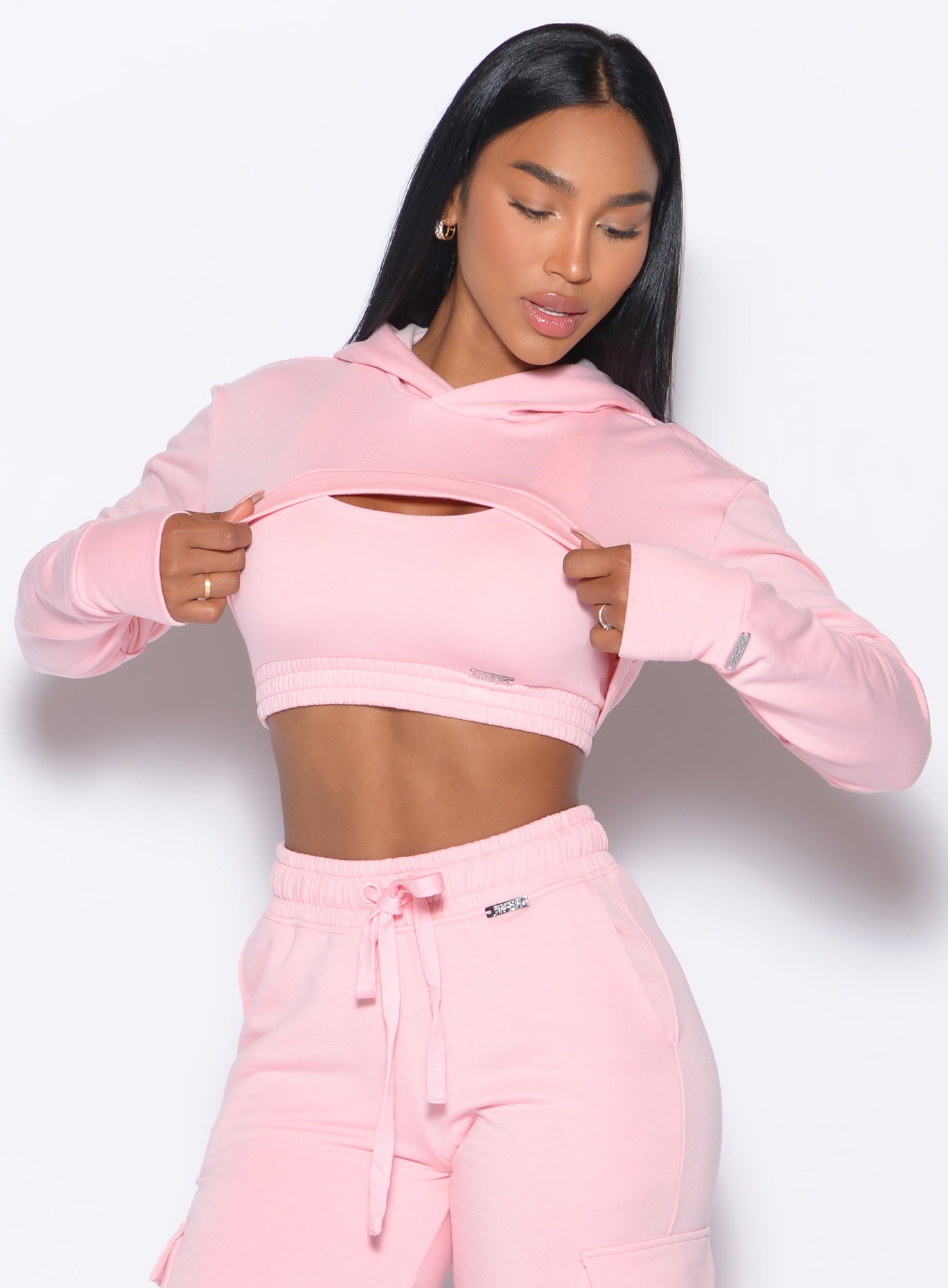 Tickled Pink Sweat Bolero Hoodie with plush fleece and thumbholes for cozy gym layering.