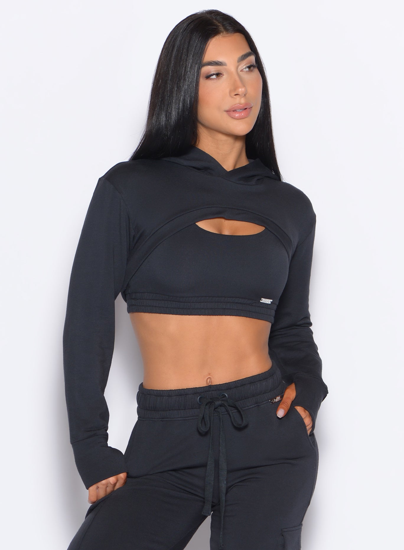 Cropped Sweat Bolero Hoodie in Vintage Black with ultra-plush fleece for cozy lounge layering.