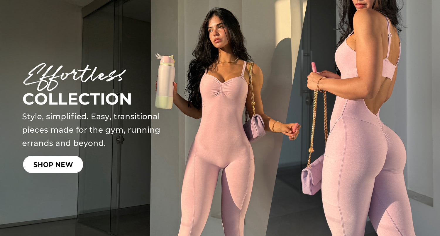 "Effortless Collection" banner with a model in a pink bodysuit. Image of model is front on the left and back on the right. Bold text: "Effortless Collection." Subtext reads "Style, simplified. Easy, transitional pieces made for the gym, running errands and beyond." CTA button reads "Shop New."