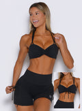 front profile view of a model showcasing the tied and non tied version of the front straps in the FitBoost Bra in Black color
