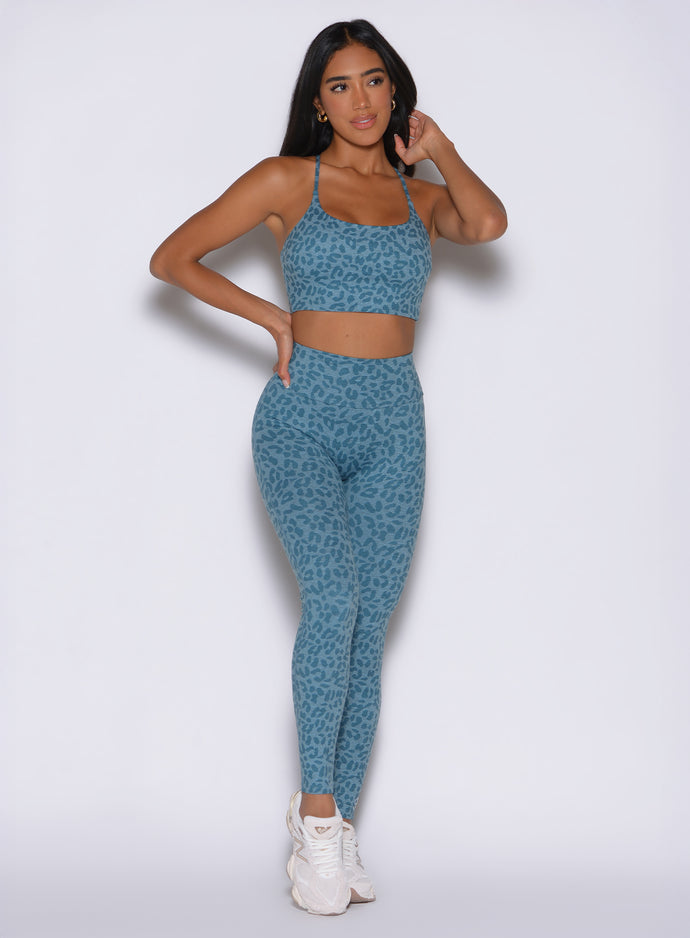 Front view of Baby Blue Cheetah Fit Leggings featuring a high-waisted, sculpting activewear fit.