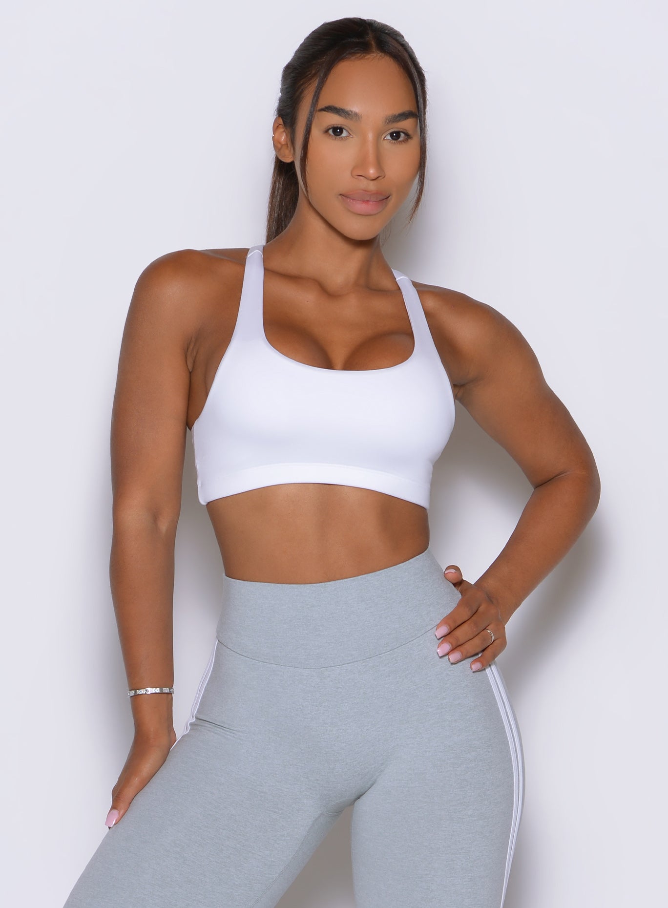 Crisp White Founder Favorite Bra provides double-layered opacity for high-impact training
