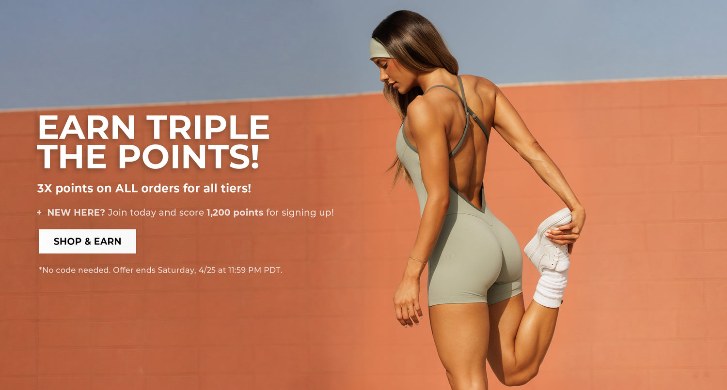 Woman in green athletic wear stretching outdoors with promotional text overlay. Text says EARN TRIPLE THE POINTS! 3X points on ALL orders for all tiers! + NEW HERE? Join today and score 1,200 points for signing up! SHOP & EARN *No code needed. Offer ends Saturday, 4/25 at 11:59PM PDT