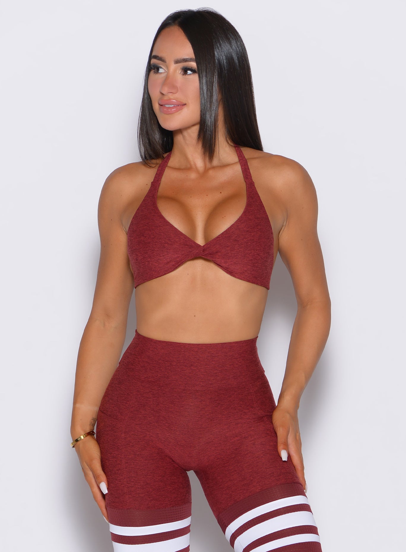 Rouge Dragonfly Bra with a supportive twist front and double neck straps for backless gym style.