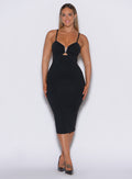 front  profile view of a model in our black hourglass dress