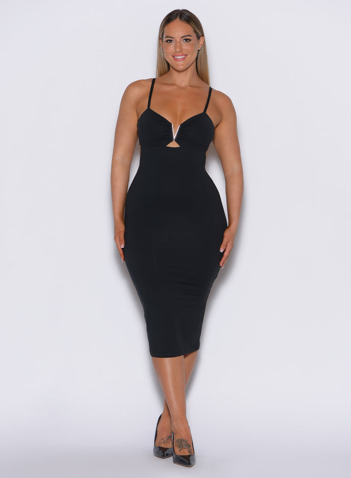 front  profile view of a model in our black hourglass dress