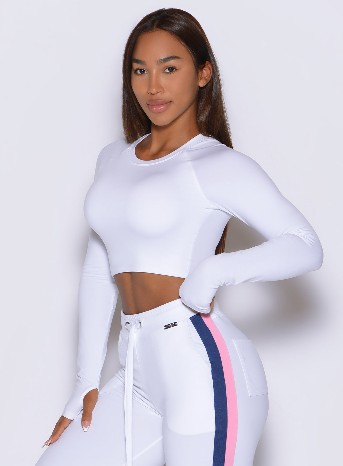 Bombshell Sportswear White Impact Pullover long sleeve top in buttery-soft 4-way stretch.