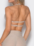 close up back profile view of a model wearing the Infinity Bandeau in taupe color