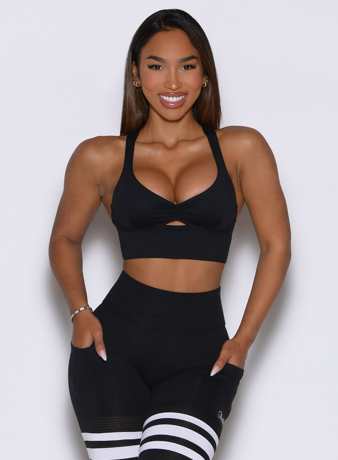 Black Keyhole Bralette in a front-profile pose, featuring a ruched front and front cutout.