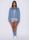 front view of a model wearing the laidback luxe shirt in Niagara mist color