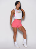Neon Tangerine Shock Lift Contour Shorts with a high-waisted, sculpting crossover fit.