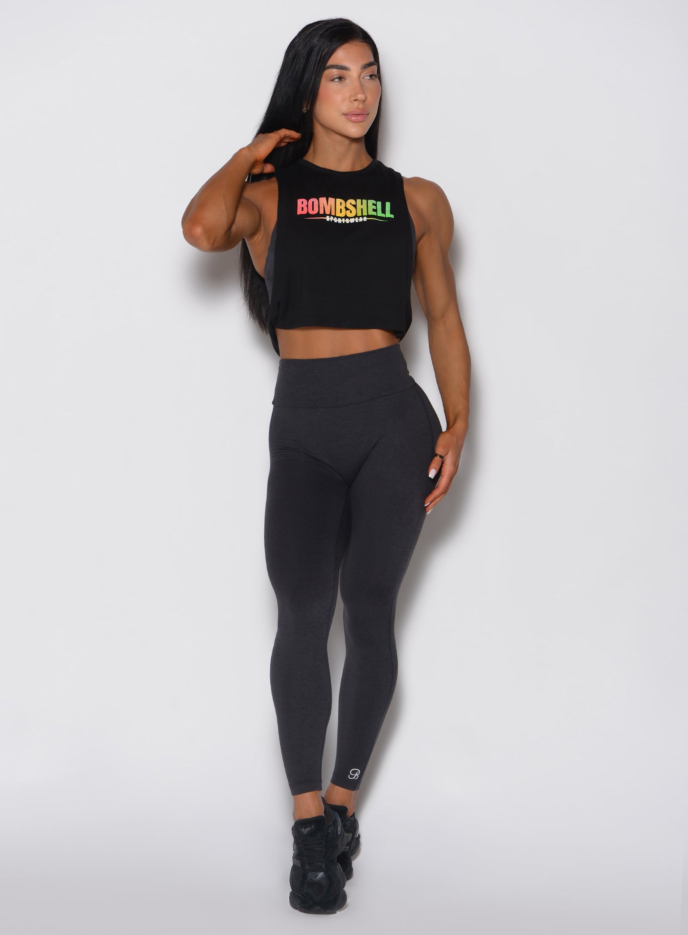 Heathered Black Lift Movement Leggings with a sculpting high waistband and glute-lifting scrunch.