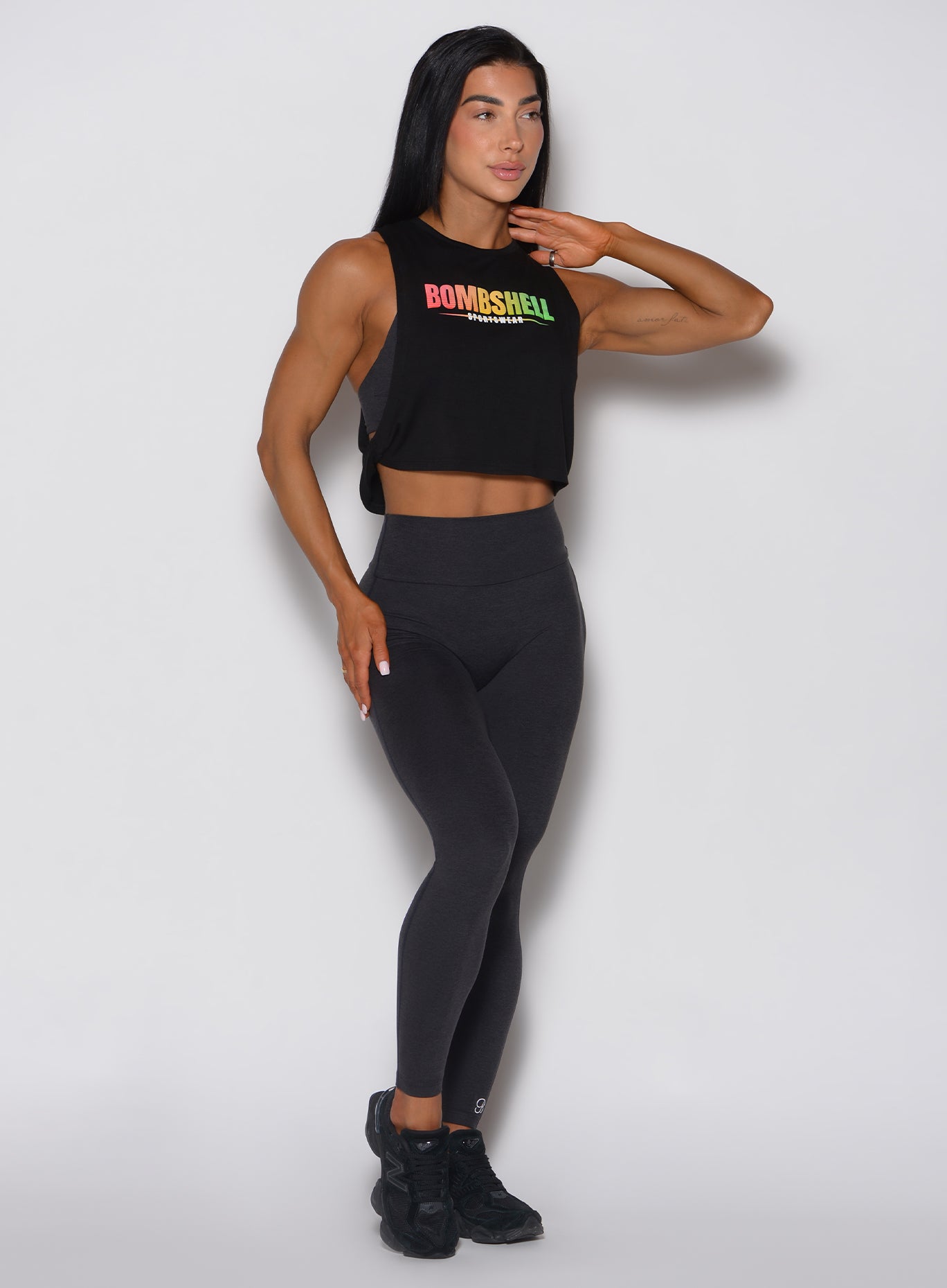 Heathered Black Lift Movement Leggings with an internal scrunch for a sculpted gym performance fit.