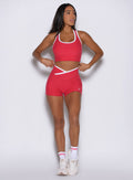 Line Contour Shorts in Raspberry Punch feature a high-waisted, sculpting fit for gym workouts.