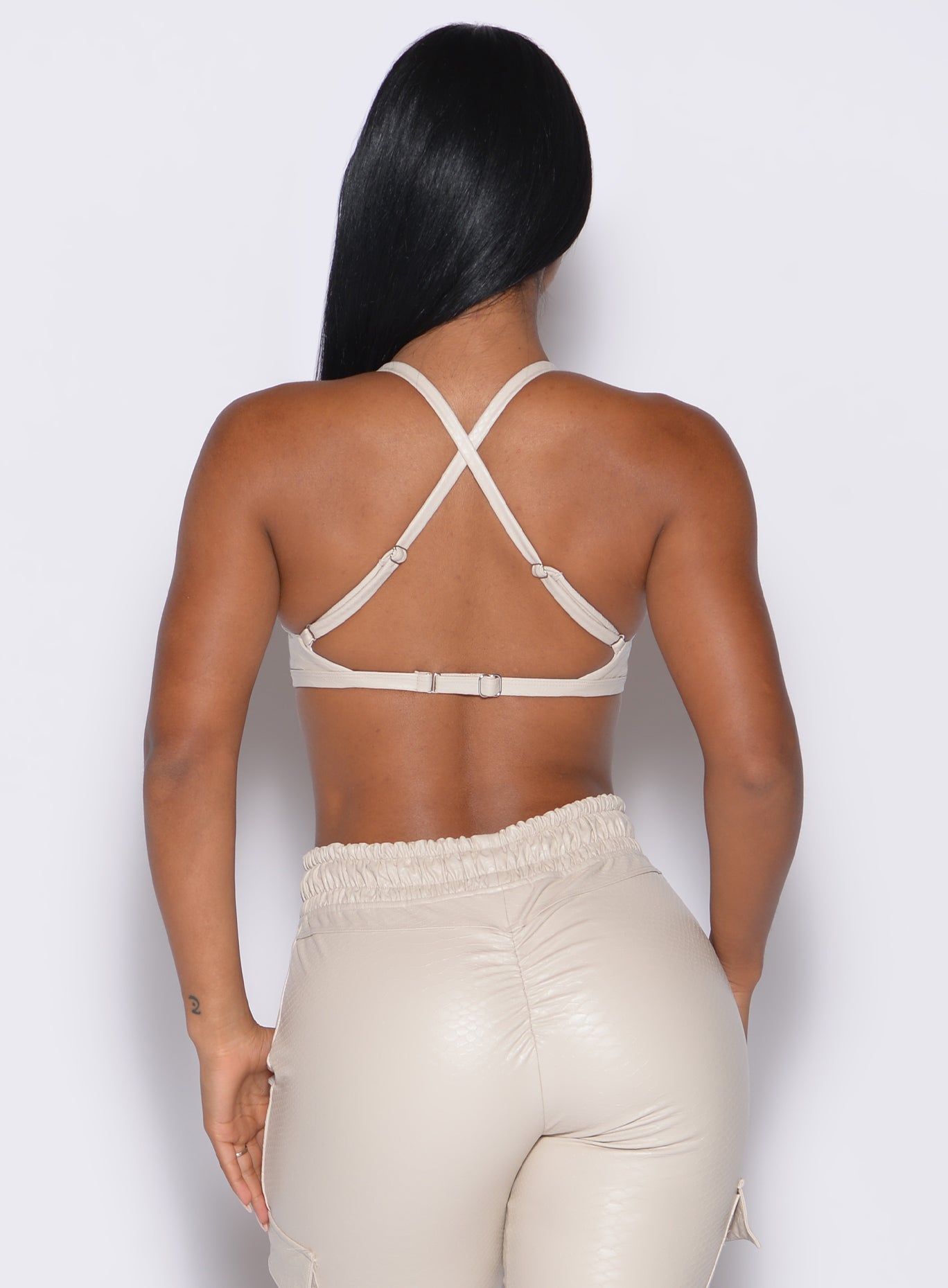 Champagne Liquid Kini Bra featuring a strappy open-back and sculpting PU leather for night out.