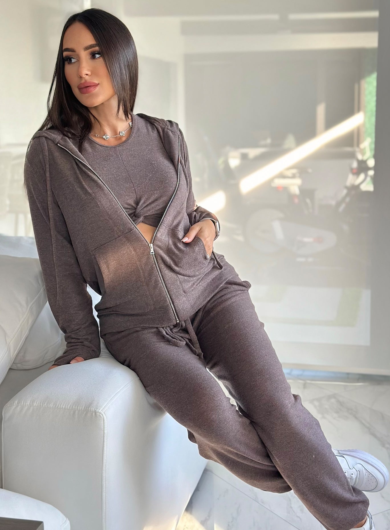 Cozy Chocolate Gym Crush Hoodie with a full-zip front and thumbholes for effortless lounging.