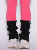 close up front view of a model wearing the Luxe Leg warmers-short in black color