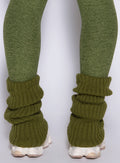 close up back side view of a model wearing the Luxe Leg warmers-short in Juniper color