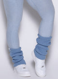 detailed front view of a model wearing the luxe leg warmers-short in niagara mist color