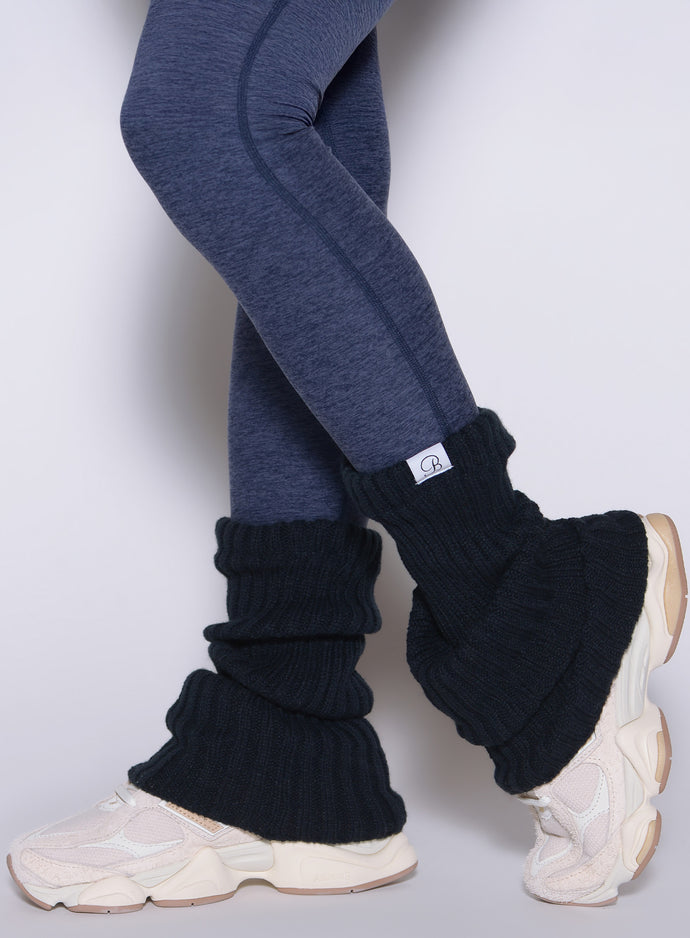 Space Blue Luxe Leg Warmers in a chunky rib knit; short style for stylish post-gym layering.