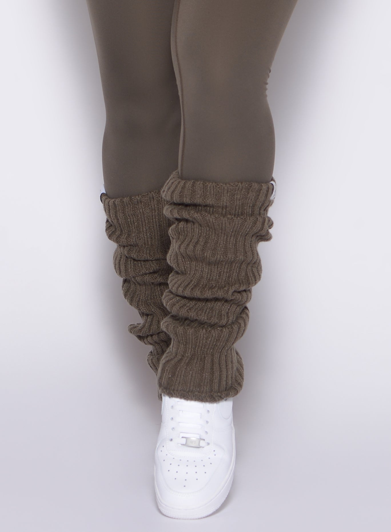 Winter Oak Luxe Leg Warmers with a plush rib knit and stay-put elastic for cozy gym layering.