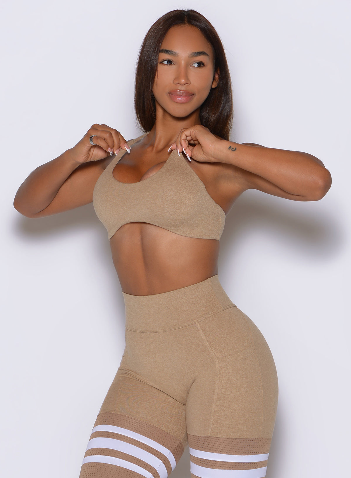 The ME Sports Bra in Sandstone combines a sculpted shape with smooth stretch comfort