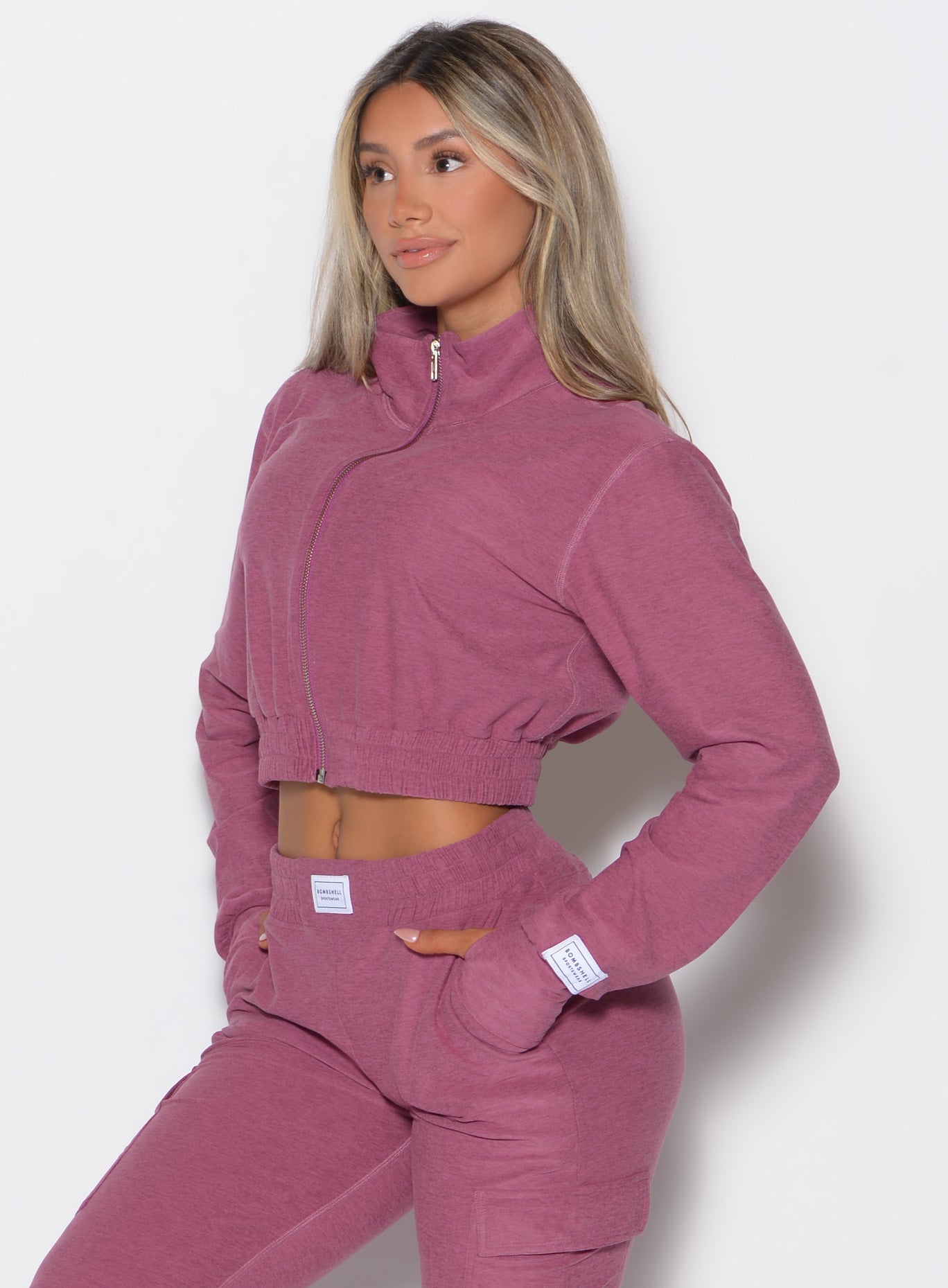 Sleek Purple Rose Cloud Crop Jacket with a mock neck, designed for breathable gym-to-street style.