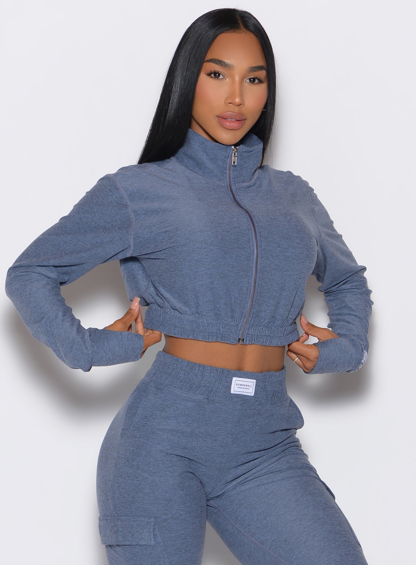 Sleek Twilight Cloud Crop Jacket: breathable, light heathered fabric with thumb holes for lounge.