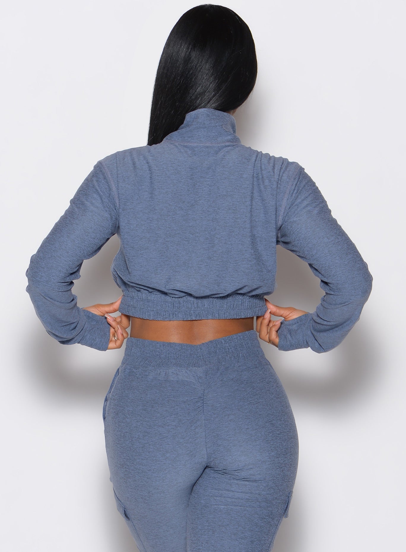 Twilight Cloud Crop Jacket featuring a mock neck and full-zip front for a sleek, cozy lounge fit.