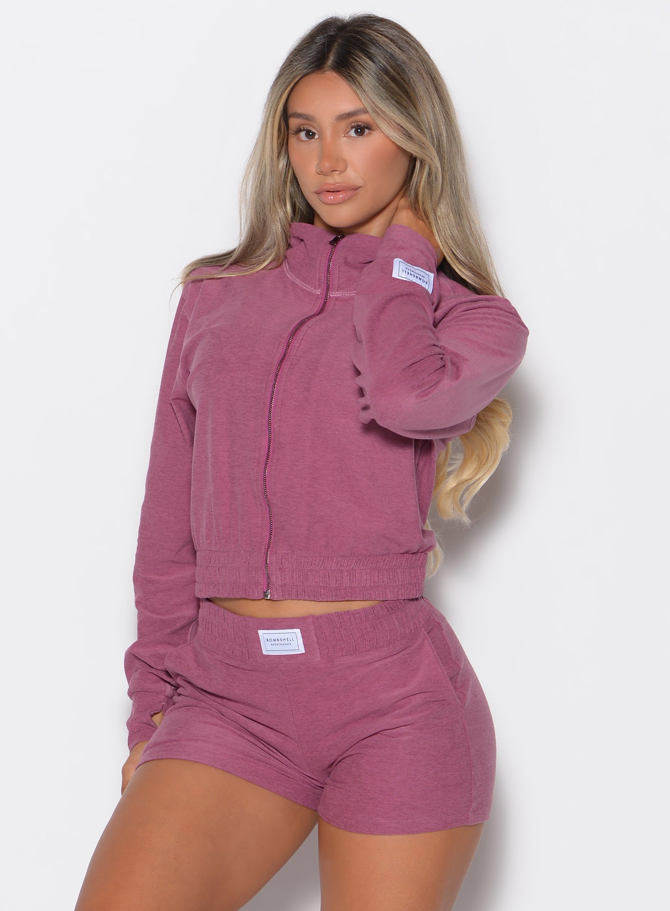 Purple Rose Cloud Full Length Jacket with a mock neck and sleek zip-up fit for everyday lounging.