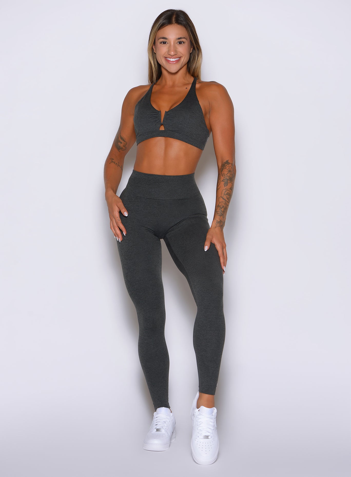 Charcoal Movement Leggings feature a sleek seamless front and flexible four-way stretch