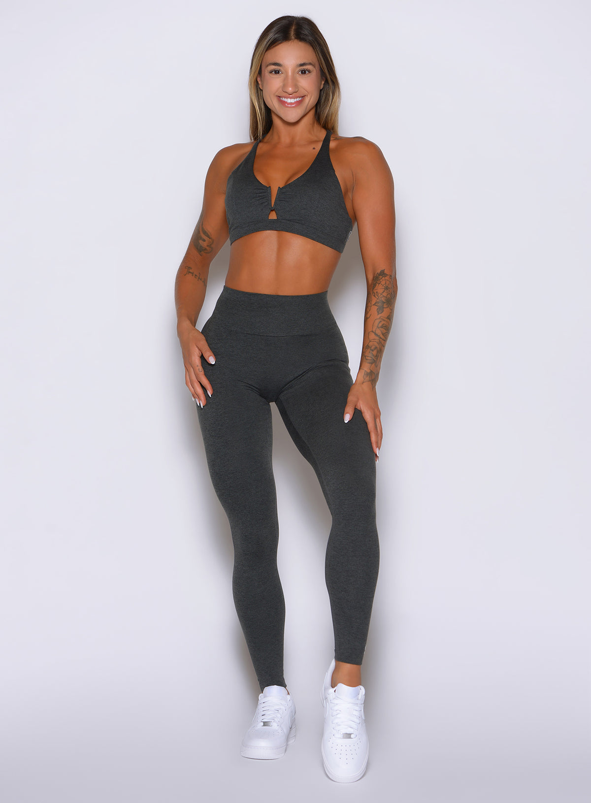 Charcoal Movement Leggings feature a sleek seamless front and flexible four-way stretch